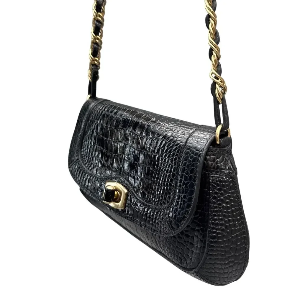 Ann Taylor Black Leather Croc-Embossed Gold Chain Small Shoulder Bag